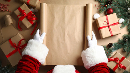 A festive and cozy flat-lay view of a person in a Santa suit holding a blank scroll of brown paper. The scene is decorated with Christmas presents, pinecones, and evergreen branches, representing a ho