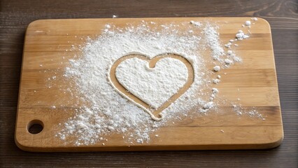 Heart Shape in Flour on a Wooden Board: Baking Preparation, Culinary Creation, Cooking Love.