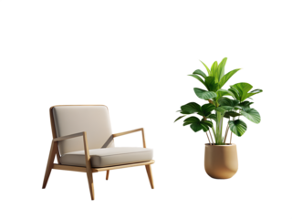 3d illustration of a modern wooden armchair with a lightcolored fabric cushion next to a lush green potted plant, isolated on a transparent background