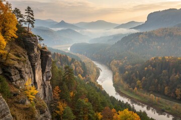 Obraz premium Panorama of the river valley in the mountains scenic outdoor in autumn
