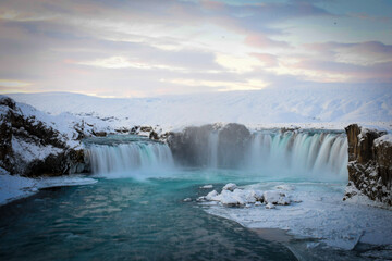 waterfall in winter, godafoss, iceland 