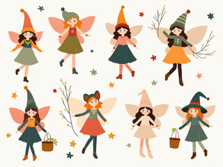 Whimsical Autumn Fairy Group With Wings, Hats, and Colorful Dresses in Playful Holiday Scene