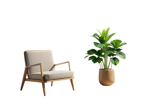3d illustration of a modern wooden armchair with a lightcolored fabric cushion next to a lush green potted plant, isolated on a transparent background
