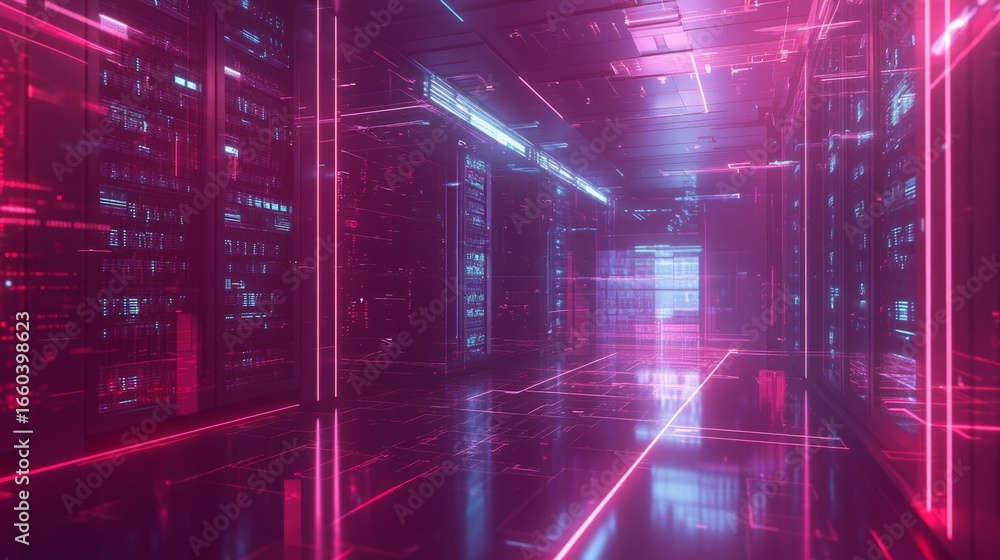 Poster futuristic digital cloaking server room data center digital art high-tech environment immersive view