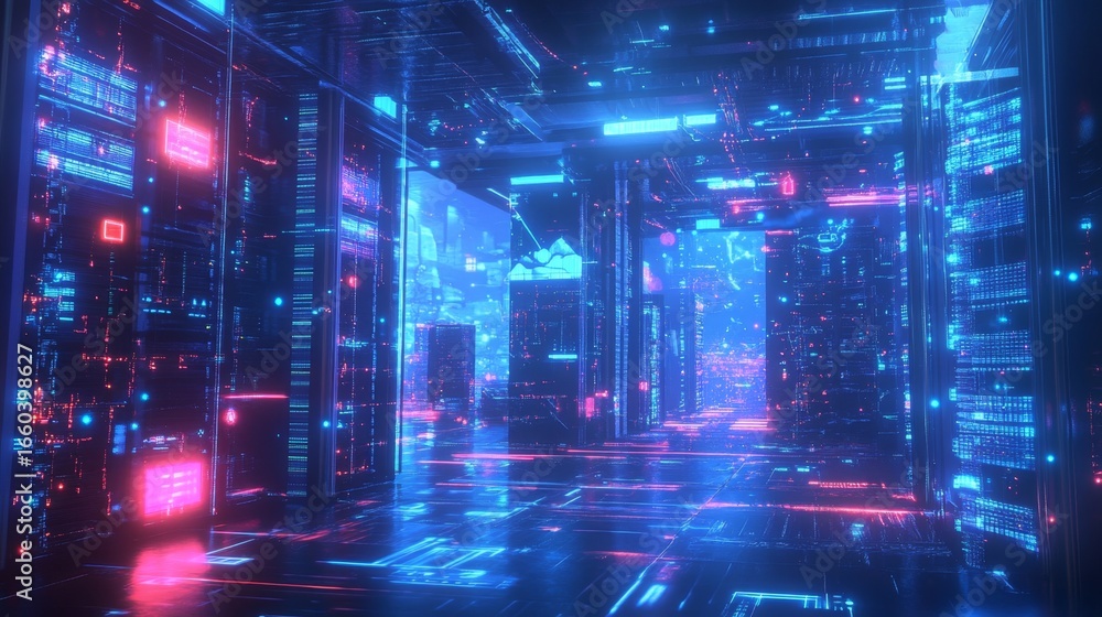 Poster digital perspectives exploring a futuristic server room filled with advanced tech