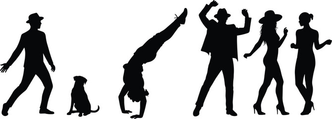 People and dog silhouettes, walking, dancing, handstand, posing, activity, motion, leisure, fun