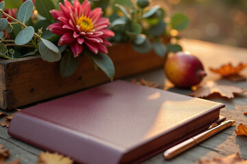 Closed brown notebook beside pink flower and apple on wooden table  