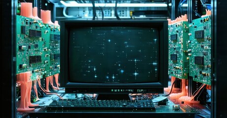Old computer setup displays starry night scene. Circuit boards flank monitor, creating futuristic vibe. Dark background emphasizes glowing elements.