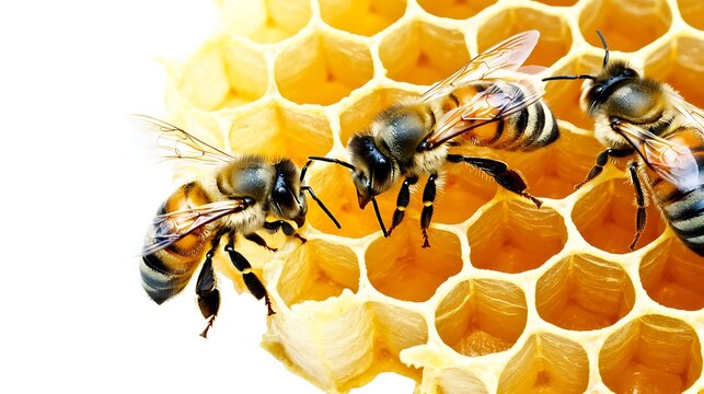 Close-Up of Honey Bees Collecting Nectar from a Honeycomb in a Bright and Vibrant Natural Environment