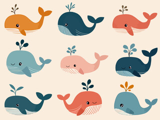 Set Whales With Plant Hats Playful Family of Whales Illustration for Kids and Ocean Decor