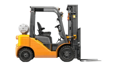 Orange forklift with propane tank and forks, side view