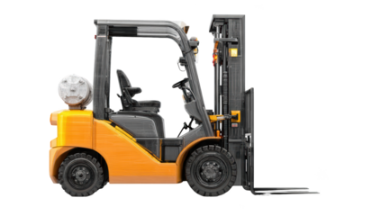 Orange forklift with propane tank and forks, side view