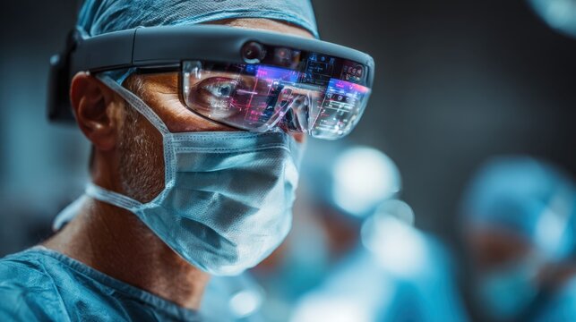 Focused medium shot of digital margin visualization on smart glasses during intricate brain surgery surgeons intense gaze and augmented display sharp while background OR activities