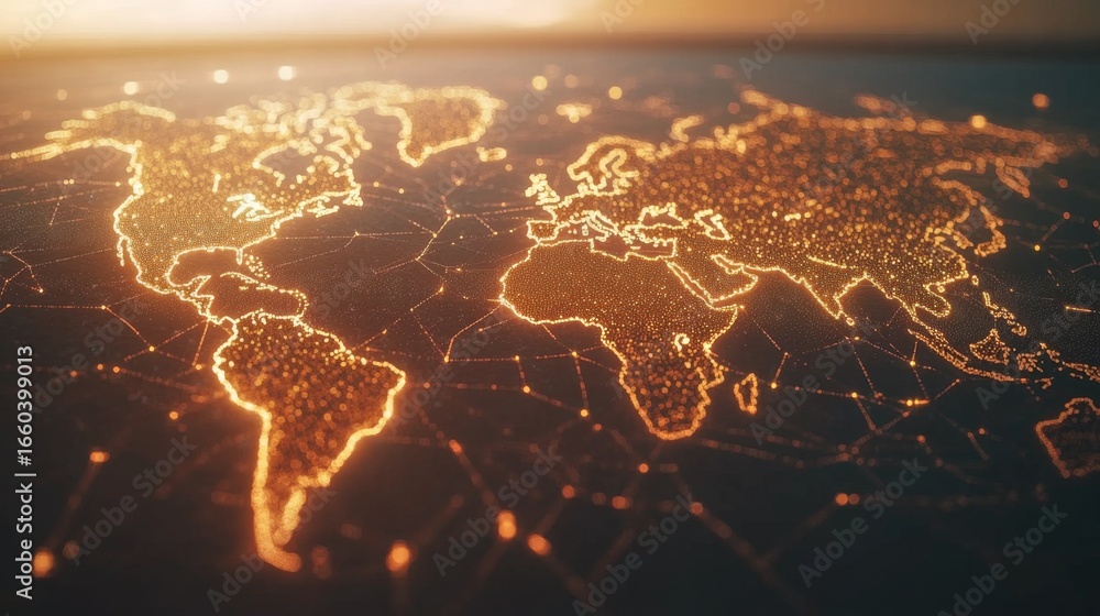 Poster global connectivity illuminated world map with dynamic routes digital environment aerial view networ