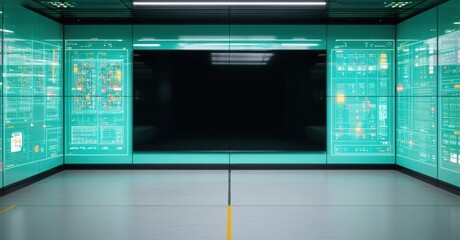 Futuristic room displays complex data. Teal screens illuminate gray floor. Minimalist design suggests technology focus. Empty space dominates view.