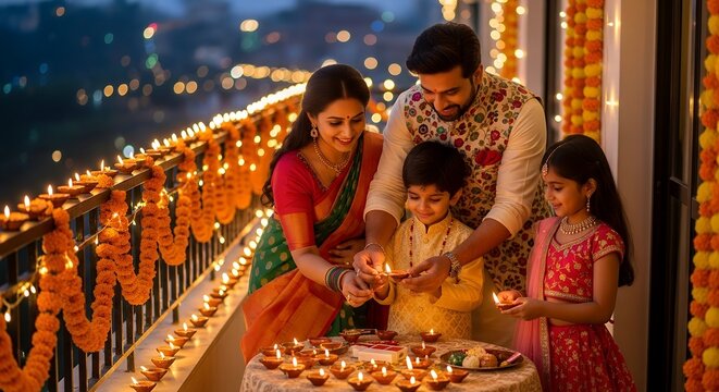 Indian family lighting Diwali oil lamps together on decorated balcony during festival of lights celebration