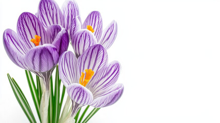 Fototapeta premium Vibrant purple crocuses bloom beautifully against a clean white background. Perfect for spring and nature concepts.