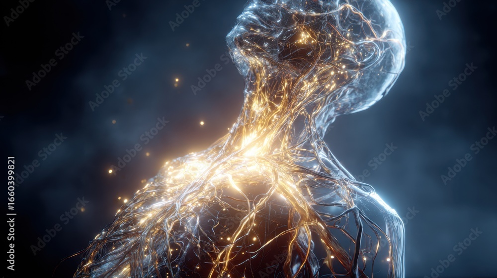 Poster glowing nervous and vascular networks illuminating intricate anatomical connections within transpare