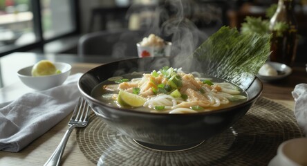 Steaming noodle bowl with fish, seaweed, lime, and greens