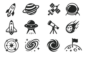 Space exploration icons: rocket, planet, satellite, astronaut, telescope, ufo, comet, galaxy