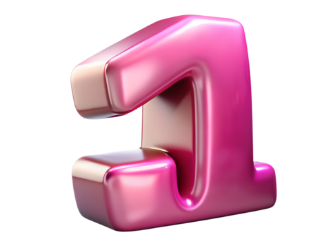 3d illustration of the number one digit in a glossy pink metallic finish, isolated on a transparent background, symbolizing success and achievement