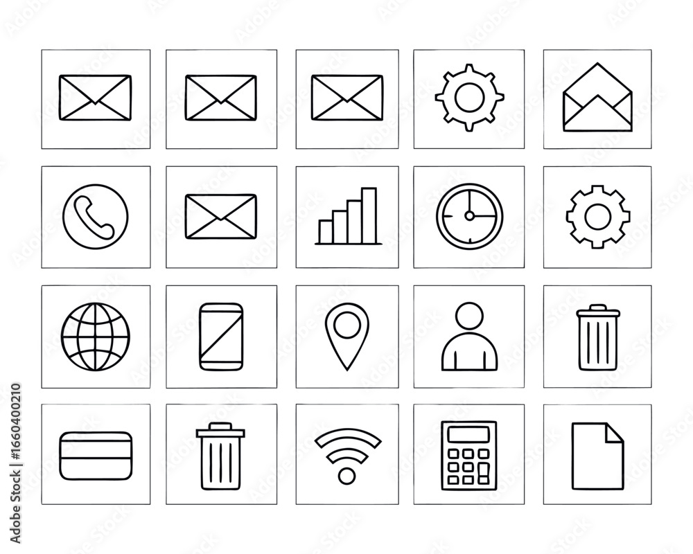 Leinwandbilder simple flat line icons set for web and mobile user interface design featuring mail settings time con