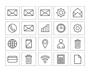 Simple Flat Line Icons Set for Web and Mobile User Interface Design Featuring Mail Settings Time Contact and Location Symbols