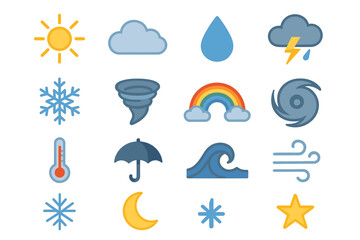 Obraz premium Weather icons collection: sun, clouds, rain, snow, rainbow, wind, moon, and stars