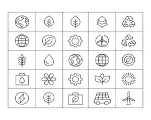 Collection of Eco Friendly and Sustainable Energy Icons in Outline Style for Environmentally Conscious Designs and Green Initiatives