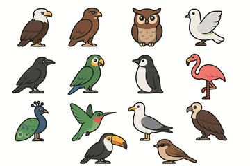 Obraz premium Colorful cartoon birds collection: owl, flamingo, penguin, eagle, parrot