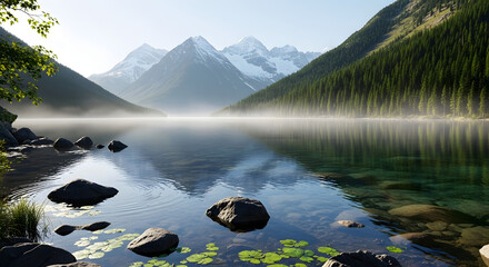 Misty mountain lake at dawn with pine forest and calm water reflection
