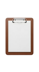 Brown Clipboard with Blank White Paper Silver Clip Isolated Mockup.