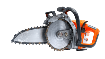 Powerful orange chainsaw, metallic details, ready for wood cutting