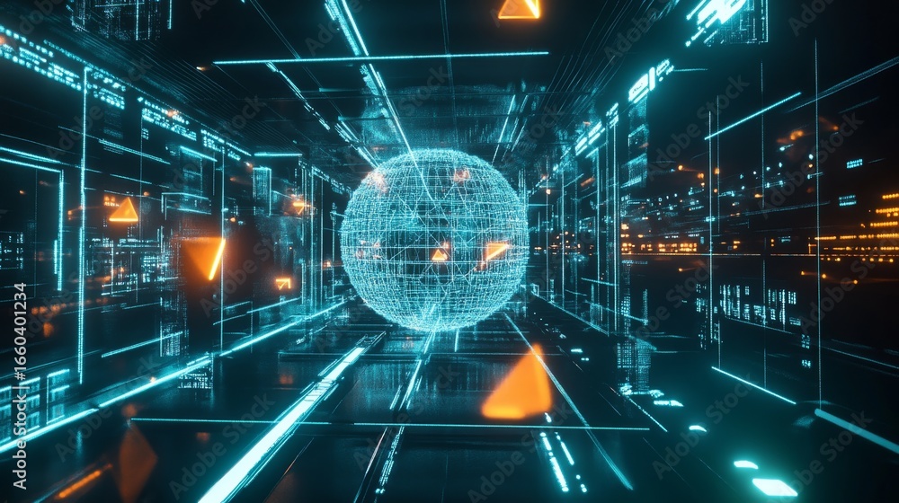 Poster exploring a high-tech cyberspace network in a glowing digital realm with futuristic elements