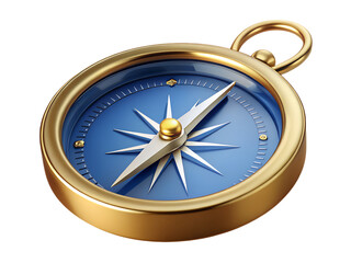3d illustration of a golden compass with a blue face and a white needle, isolated on transparent background, symbolizing navigation, direction, and exploration
