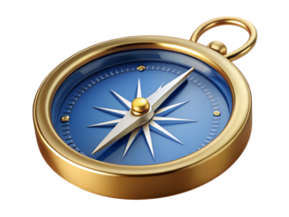 3d illustration of a golden compass with a blue face and a white needle, isolated on transparent background, symbolizing navigation, direction, and exploration