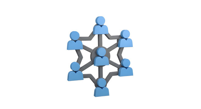 Centralized 3D Network of Blue Human Icons in a Hexagonal Teamwork Structure.