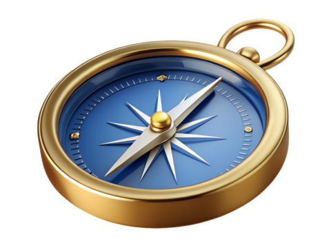 3d illustration of a golden compass with a blue face and a white needle, isolated on transparent background, symbolizing navigation, direction, and exploration - Powered by Adobe