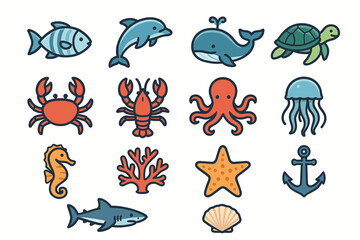 Obraz premium Colorful cartoon sea creatures collection with fish, dolphin, whale, and more