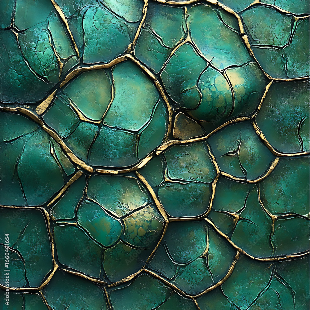 Poster textured green surface with turtle skin pattern featuring cracks and golden accents, creating visual