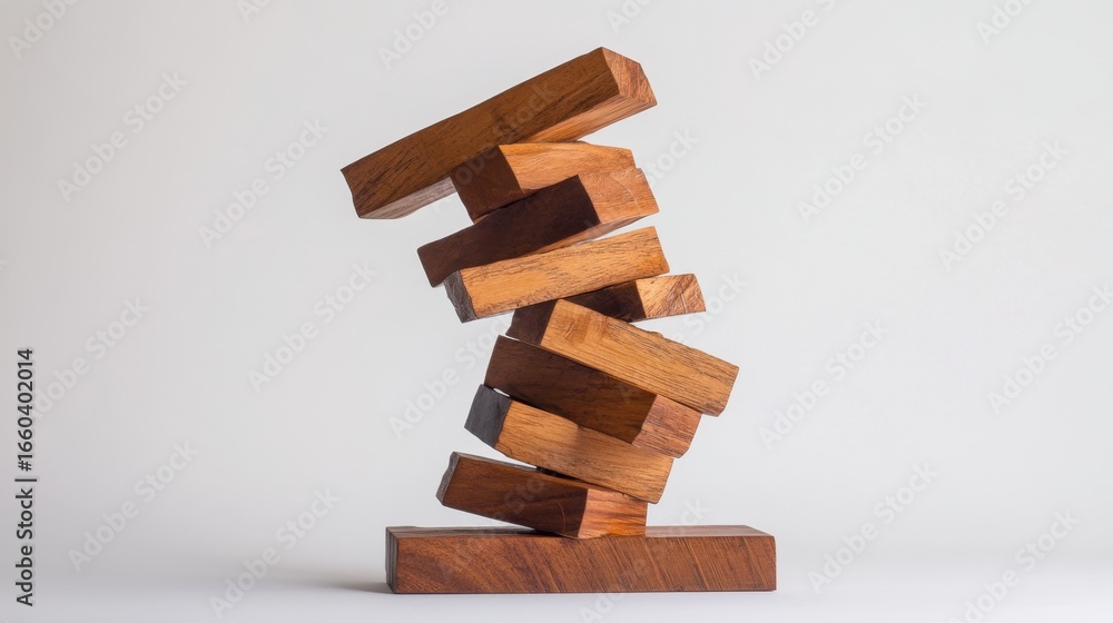 Poster jenga tower balancing on the edge indoor setting action photography minimalist environment close-up 
