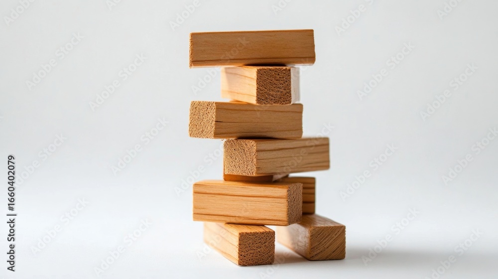 Poster jenga tower teetering on the edge tabletop image minimalist background close-up block stacking chall