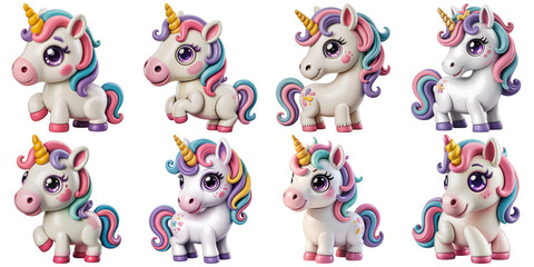 Naklejka premium Adorable Unicorns With Rainbow Manes isolated on a transparent background fantasy magical
