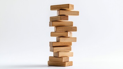 Jenga tower teetering on the edge of collapse indoor setting photography minimalist aesthetic close-up perspective tension demonstrated