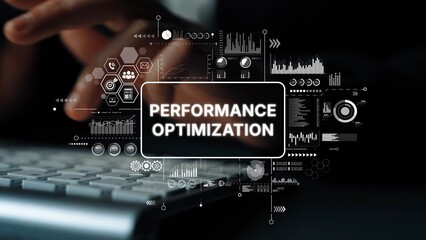 Hands Typing on Keyboard with Performance Optimization Concept in Digital Interface with Graphs and...