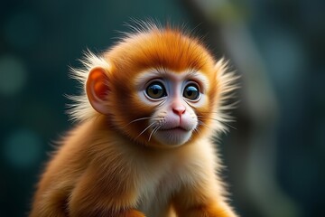 Fototapeta premium closeup portrait of a cute baby monkey with big eyes and orange fur in a natural setting