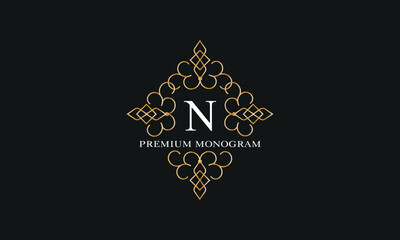 Premium Monogram. Golden logo with initial letter N in the center and text on dark background. Elegant design for business, company logo, restaurant, heraldry, hotel, boutique