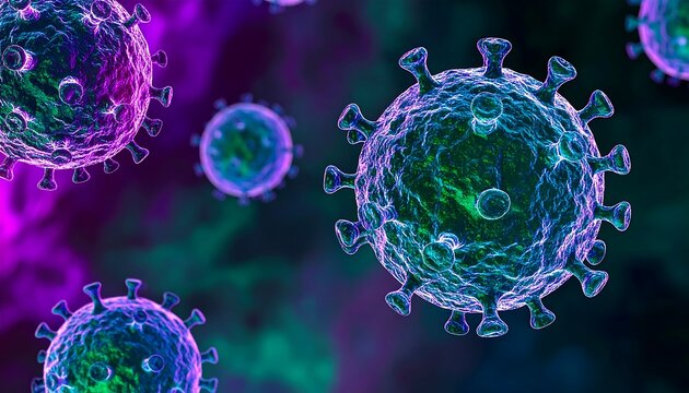 Three vibrant, detailed virus models are displayed against a backdrop of swirling purple and teal hues. - Powered by Adobe