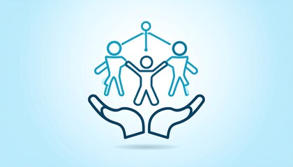 A stylized graphic of hands protecting a group of people