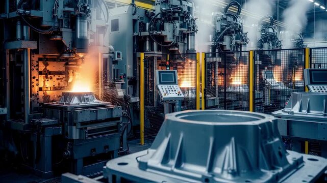 Manufacturing floor with multiple highpressure diecasting machines producing magnesium gearbox housings in synchronized operation.